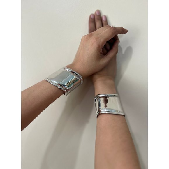 Large wide silver cuff bracelet big costume bangle armor chunky bold statement - Picture 2 of 3